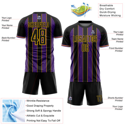 Custom Black Purple-Gold Pinstripe Line Sports Sublimation Soccer Uniform Jersey