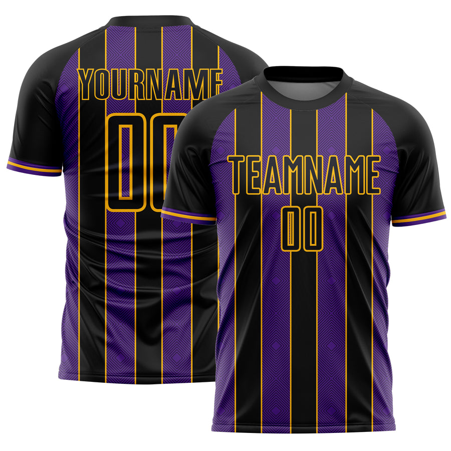 Custom Black Purple-Gold Pinstripe Line Sports Sublimation Soccer Uniform Jersey