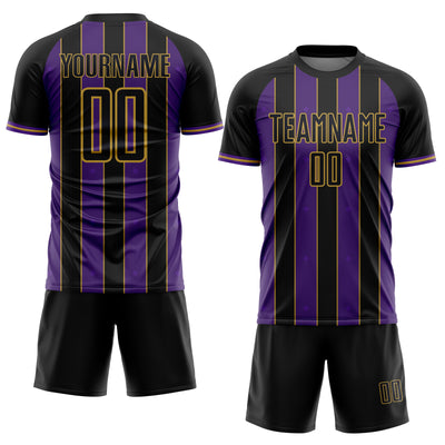 Custom Black Purple-Old Gold Pinstripe Line Sports Sublimation Soccer Uniform Jersey