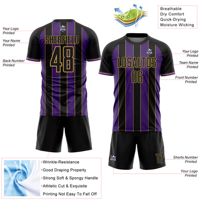 Custom Black Purple-Old Gold Pinstripe Line Sports Sublimation Soccer Uniform Jersey