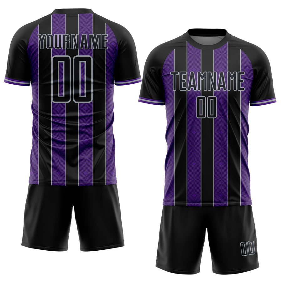 Custom Black Purple-Gray Pinstripe Line Sports Sublimation Soccer Uniform Jersey