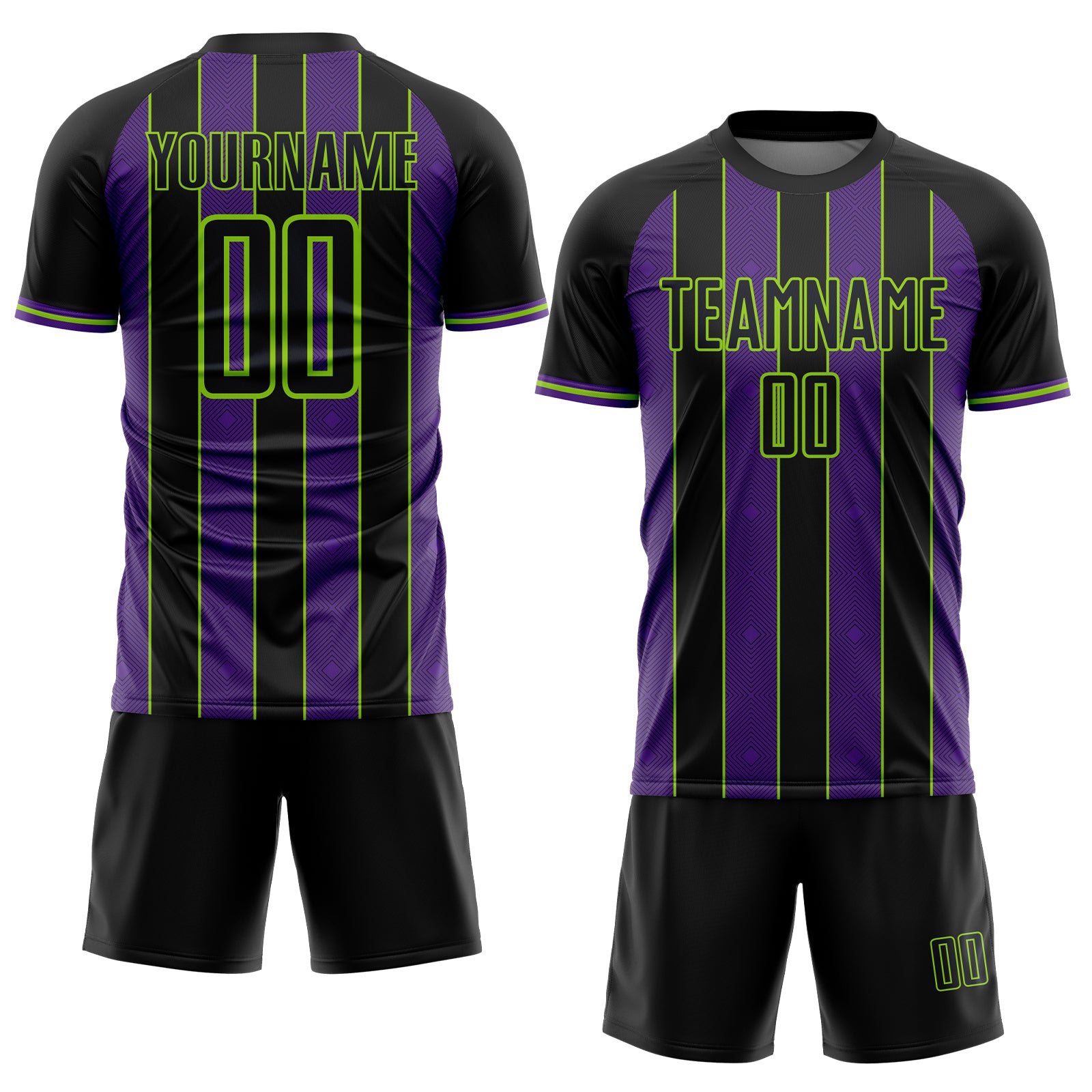 Custom Black Purple-Neon Green Pinstripe Line Sports Sublimation Soccer Uniform Jersey