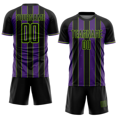 Custom Black Purple-Neon Green Pinstripe Line Sports Sublimation Soccer Uniform Jersey