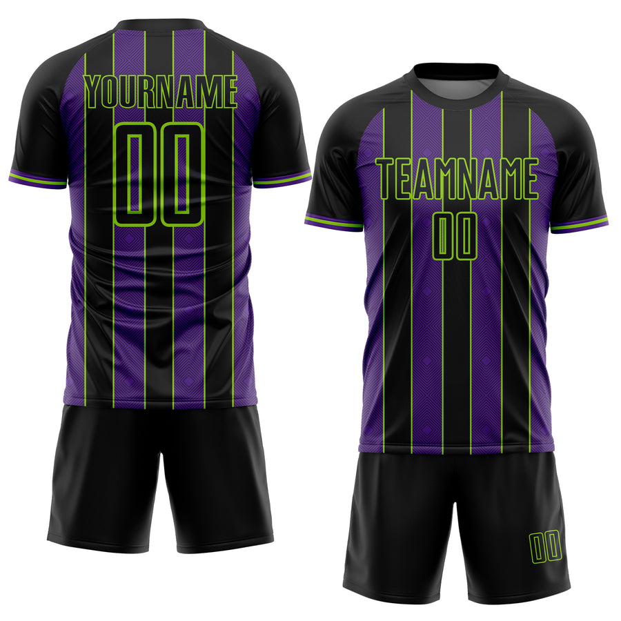 Custom Black Purple-Neon Green Pinstripe Line Sports Sublimation Soccer Uniform Jersey