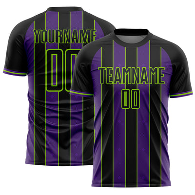 Custom Black Purple-Neon Green Pinstripe Line Sports Sublimation Soccer Uniform Jersey