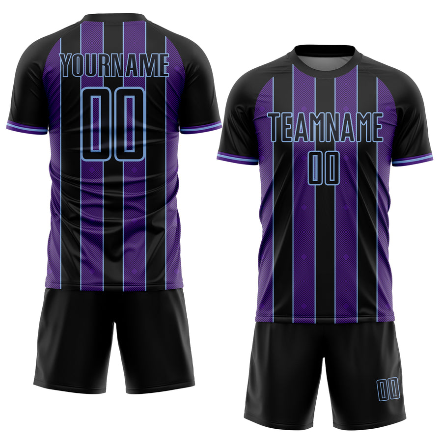 Custom Black Purple-Light Blue Pinstripe Line Sports Sublimation Soccer Uniform Jersey
