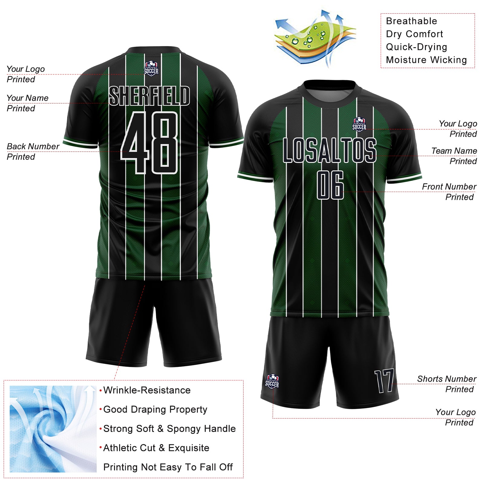 Custom Black Green-White Pinstripe Line Sports Sublimation Soccer Uniform Jersey