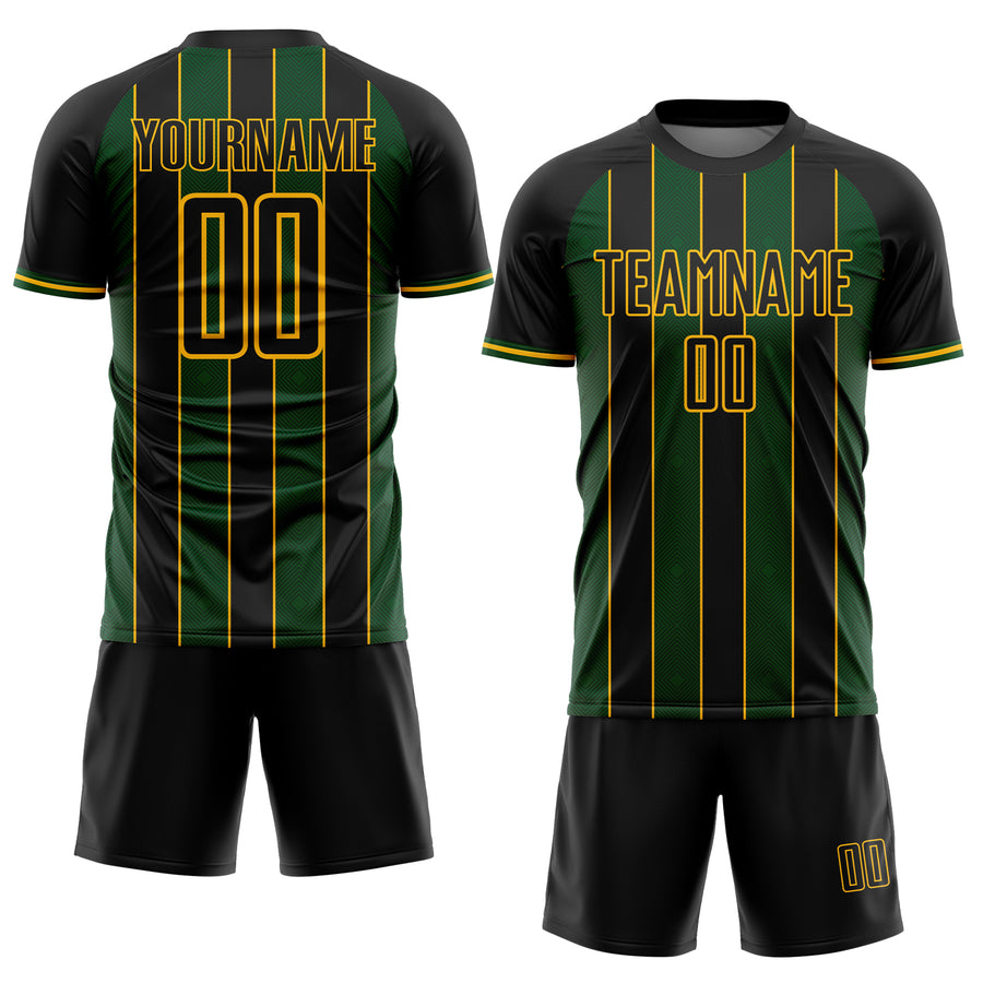 Custom Black Green-Gold Pinstripe Line Sports Sublimation Soccer Uniform Jersey