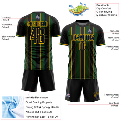 Custom Black Green-Gold Pinstripe Line Sports Sublimation Soccer Uniform Jersey