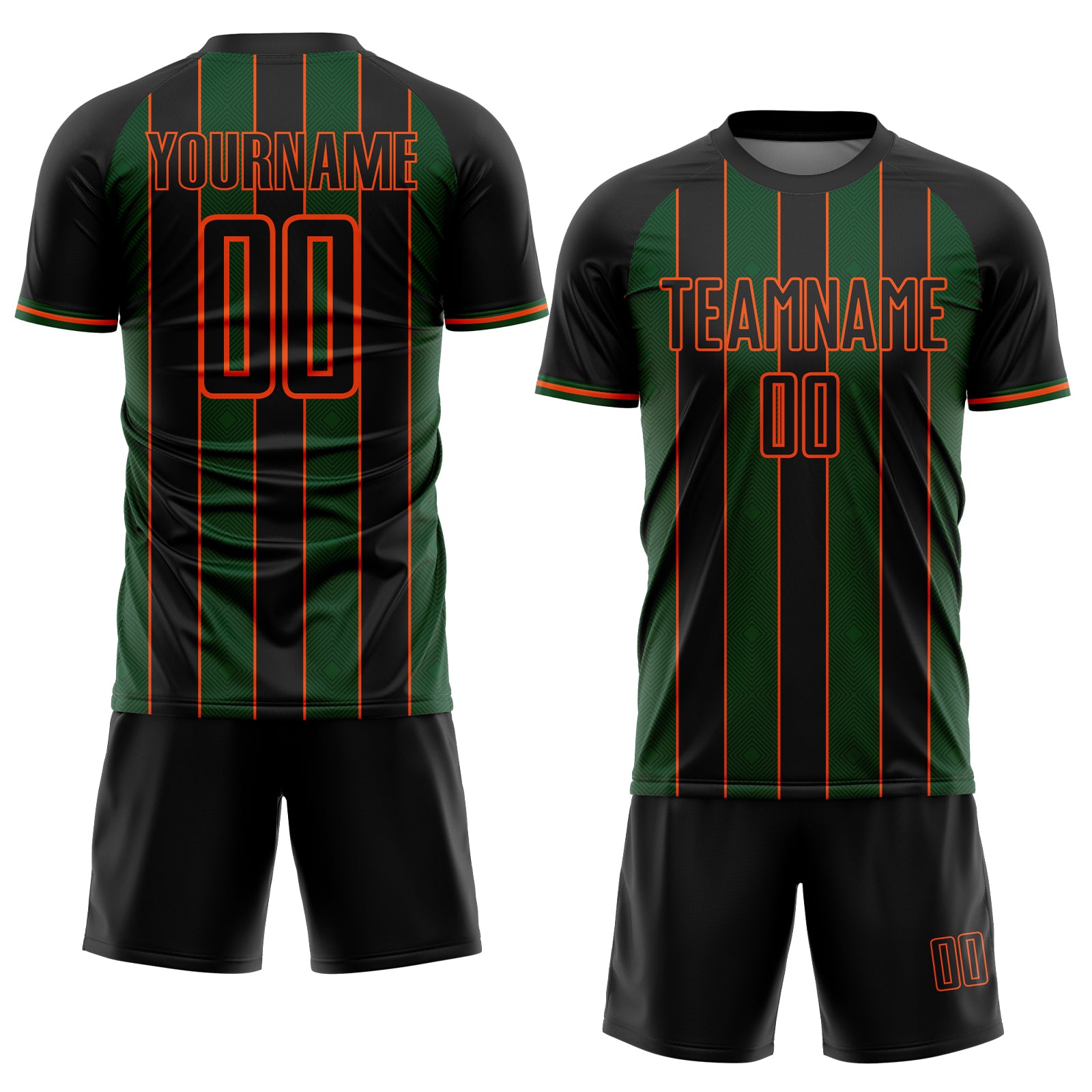 Custom Black Green-Orange Pinstripe Line Sports Sublimation Soccer Uniform Jersey