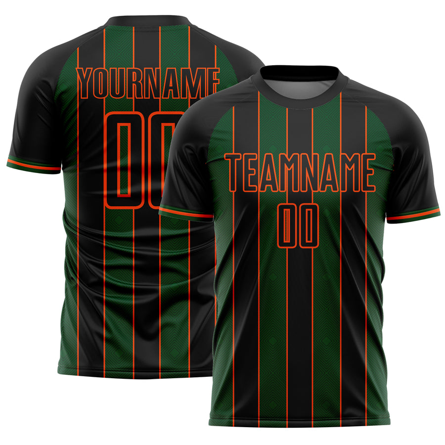 Custom Black Green-Orange Pinstripe Line Sports Sublimation Soccer Uniform Jersey