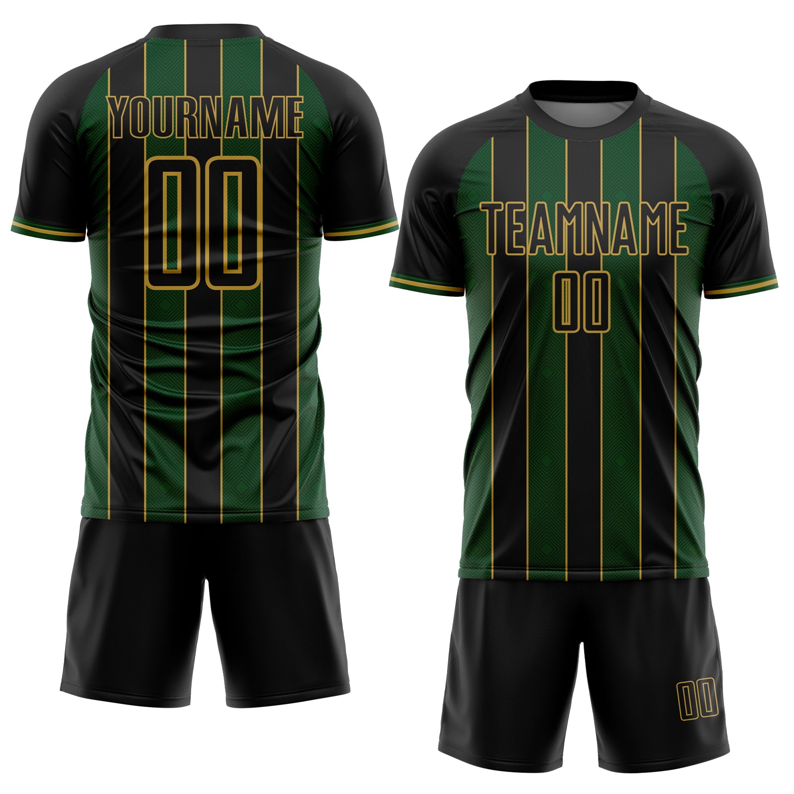 Custom Black Green-Old Gold Pinstripe Line Sports Sublimation Soccer Uniform Jersey