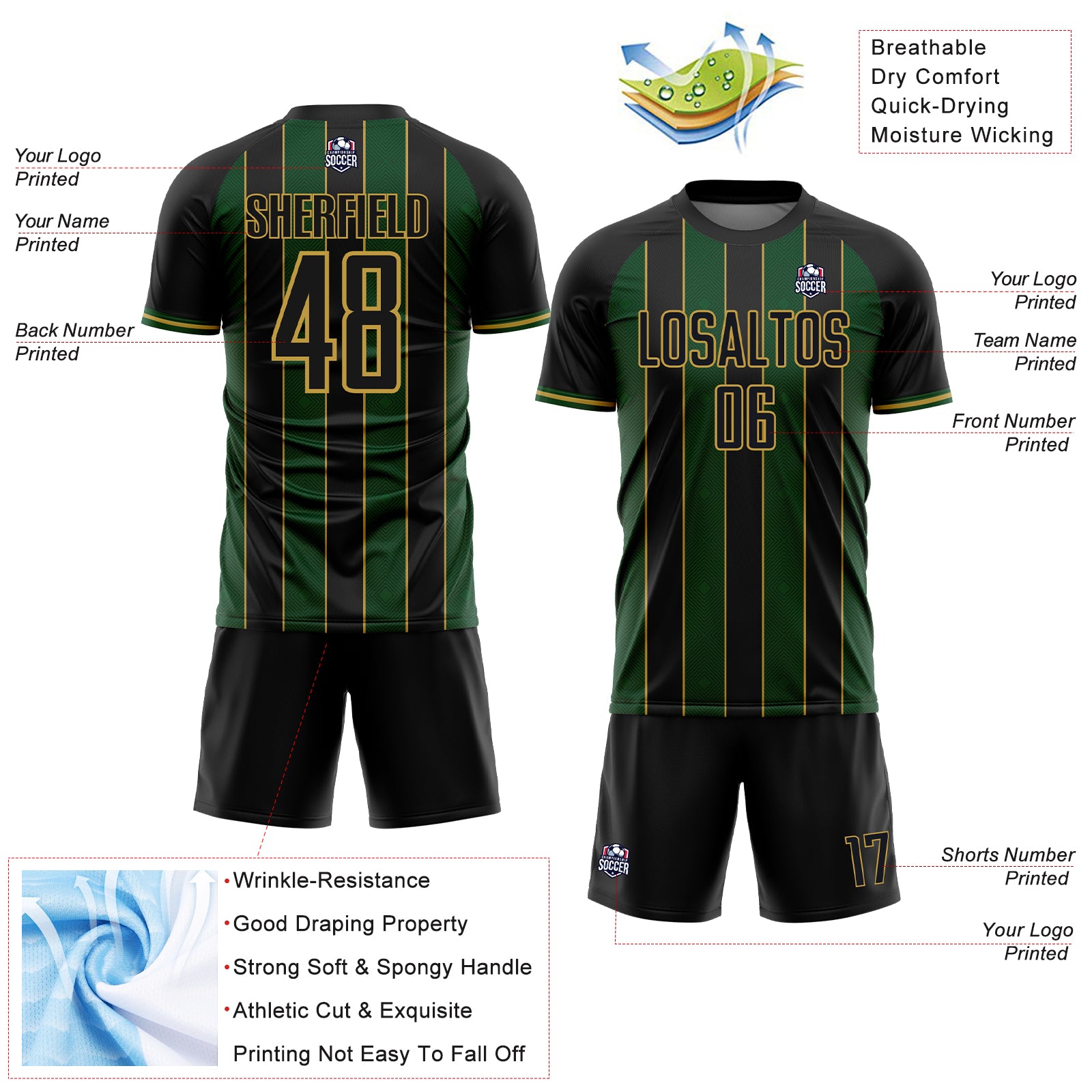 Custom Black Green-Old Gold Pinstripe Line Sports Sublimation Soccer Uniform Jersey