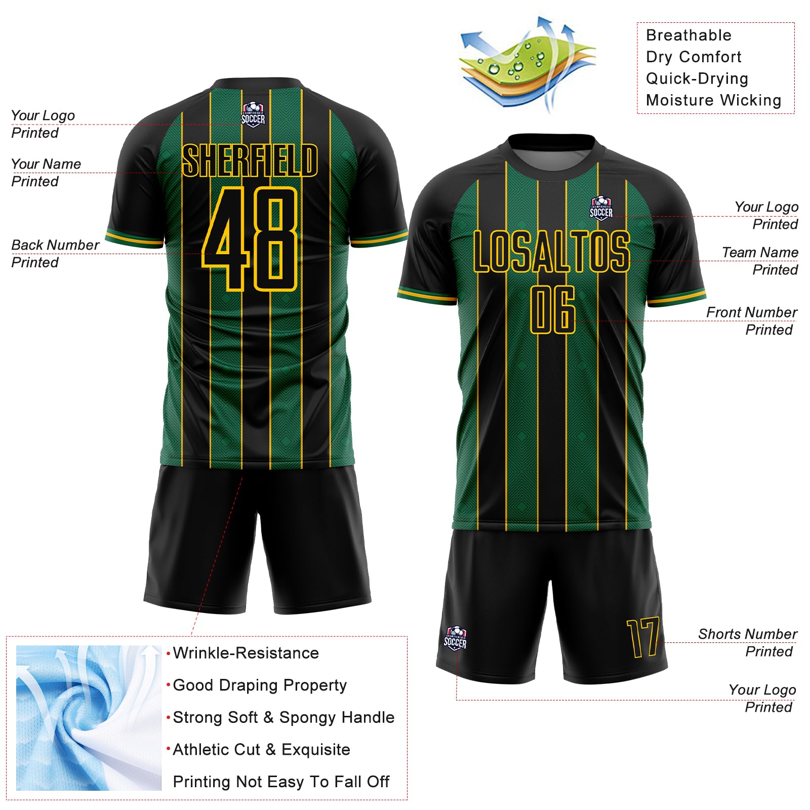 Custom Black Kelly Green-Gold Pinstripe Line Sports Sublimation Soccer Uniform Jersey