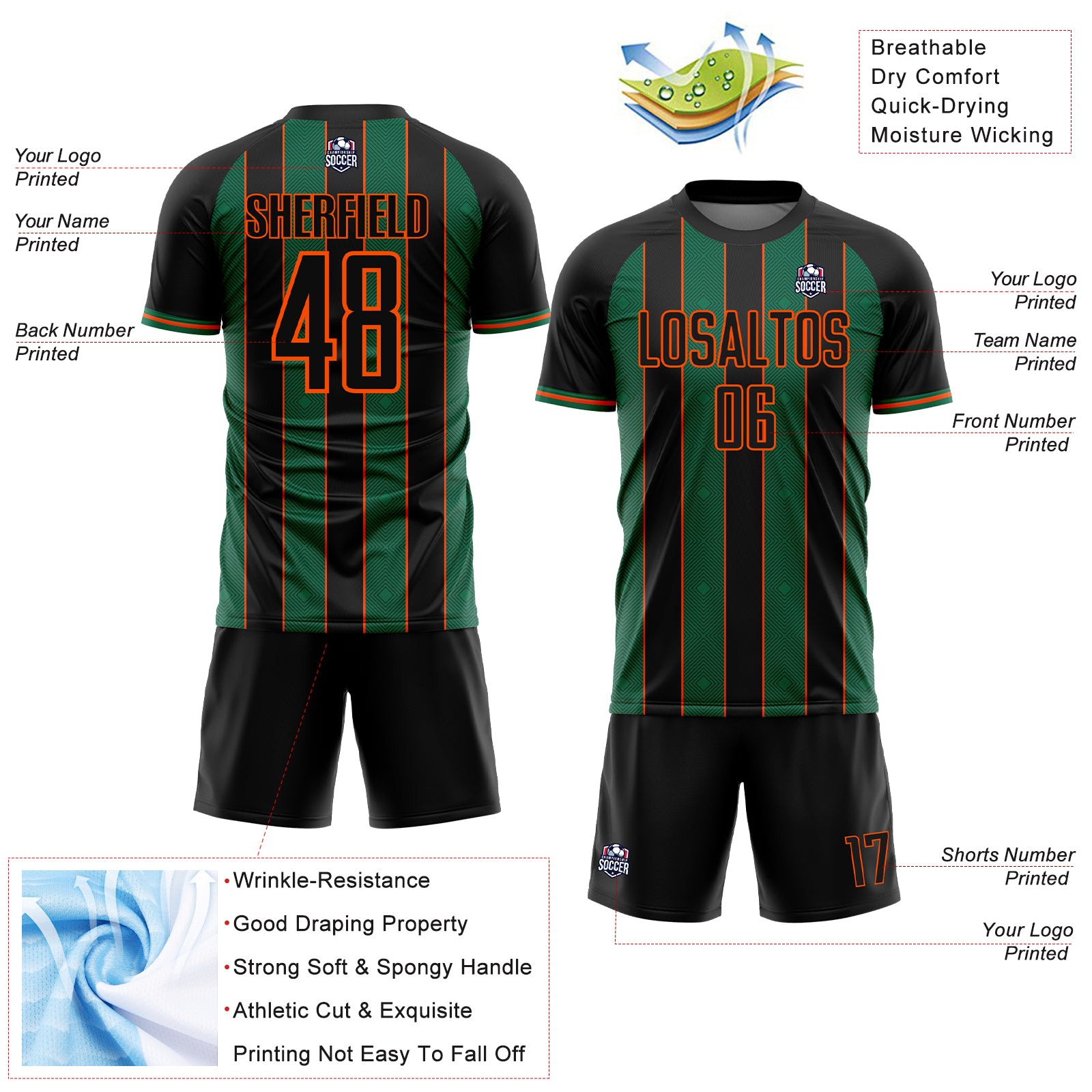 Custom Black Kelly Green-Orange Pinstripe Line Sports Sublimation Soccer Uniform Jersey