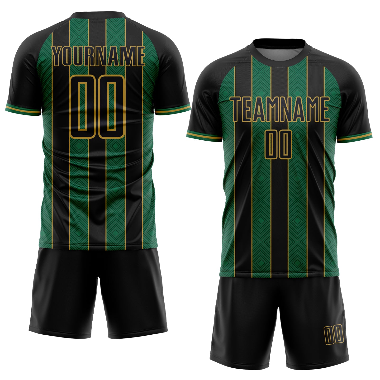 Custom Black Kelly Green-Old Gold Pinstripe Line Sports Sublimation Soccer Uniform Jersey