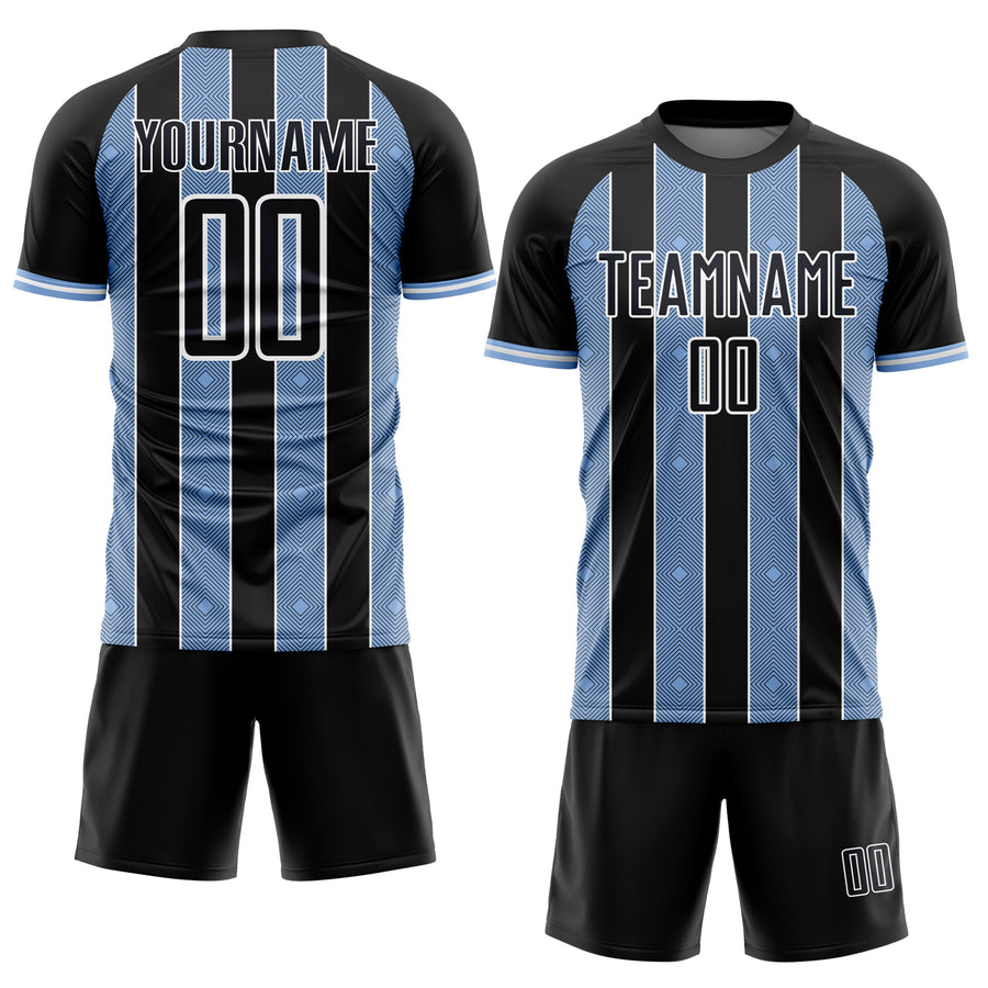 Custom Black Light Blue-White Pinstripe Line Sports Sublimation Soccer Uniform Jersey