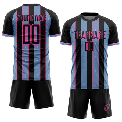 Custom Black Light Blue-Pink Pinstripe Line Sports Sublimation Soccer Uniform Jersey