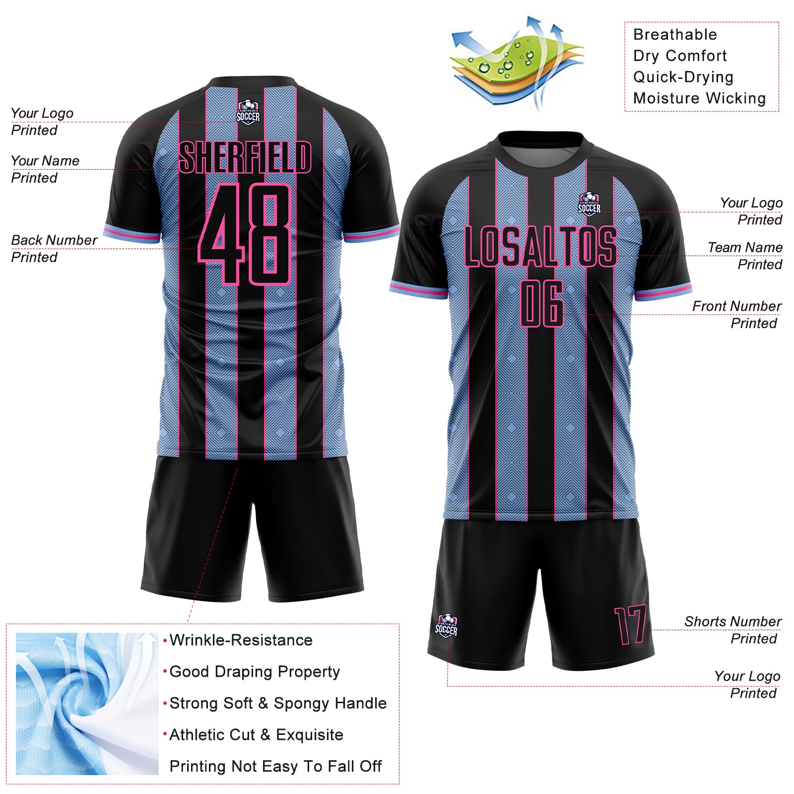 Custom Black Light Blue-Pink Pinstripe Line Sports Sublimation Soccer Uniform Jersey