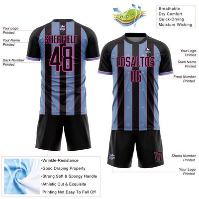Custom Black Light Blue-Pink Pinstripe Line Sports Sublimation Soccer Uniform Jersey
