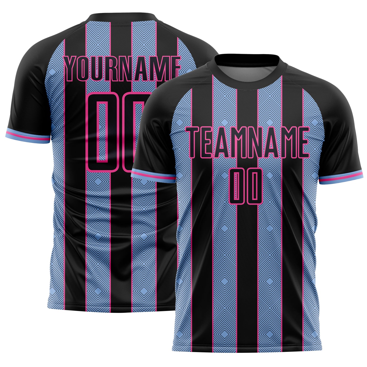 Custom Black Light Blue-Pink Pinstripe Line Sports Sublimation Soccer Uniform Jersey