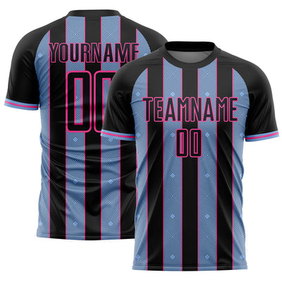 Custom Black Light Blue-Pink Pinstripe Line Sports Sublimation Soccer Uniform Jersey