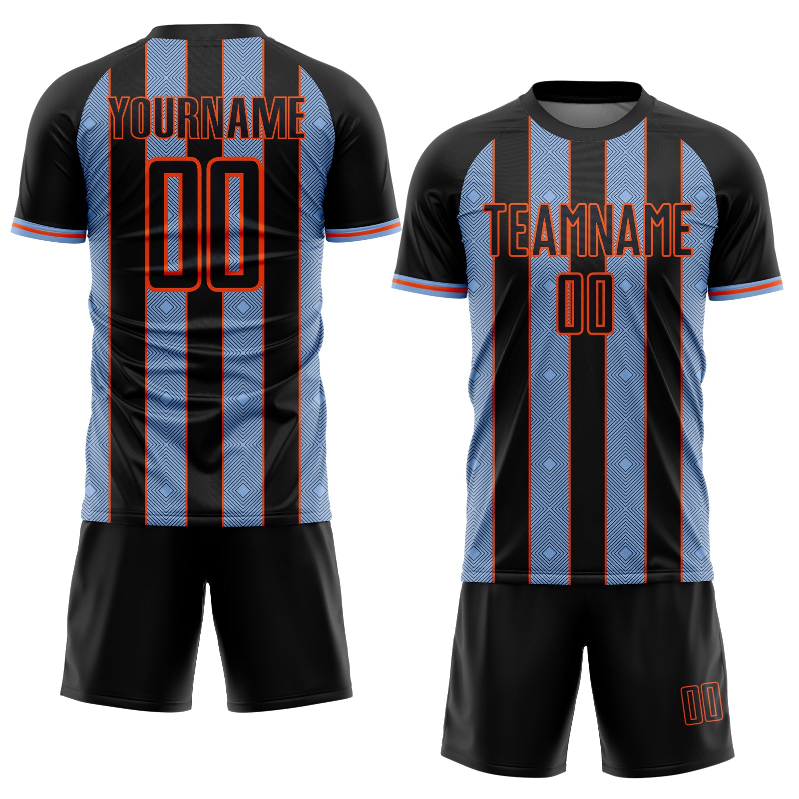 Custom Black Light Blue-Orange Pinstripe Line Sports Sublimation Soccer Uniform Jersey