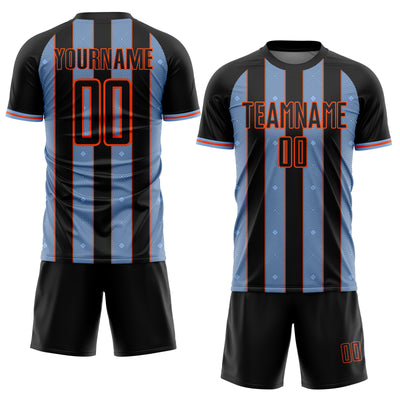 Custom Black Light Blue-Orange Pinstripe Line Sports Sublimation Soccer Uniform Jersey