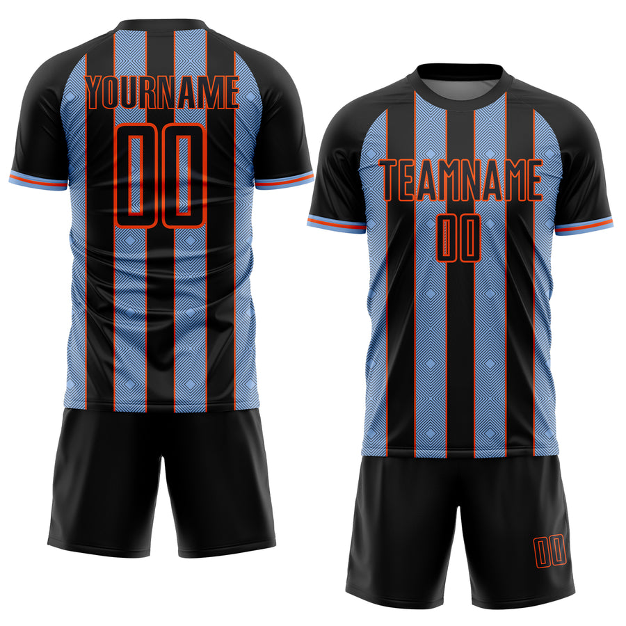 Custom Black Light Blue-Orange Pinstripe Line Sports Sublimation Soccer Uniform Jersey