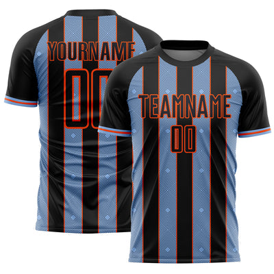 Custom Black Light Blue-Orange Pinstripe Line Sports Sublimation Soccer Uniform Jersey