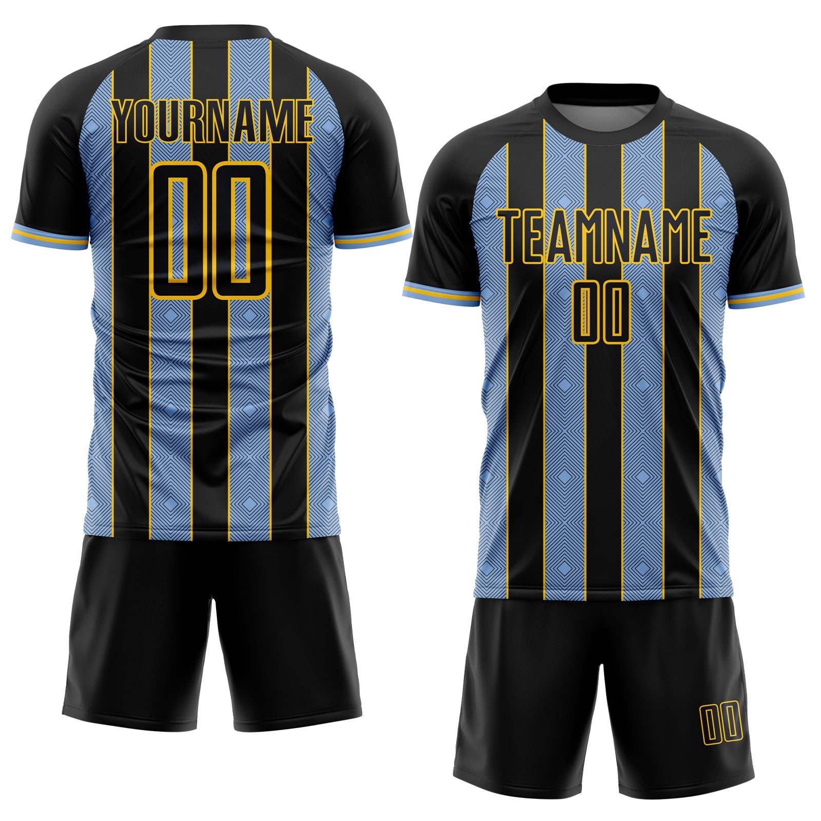 Custom Black Light Blue-Yellow Pinstripe Line Sports Sublimation Soccer Uniform Jersey