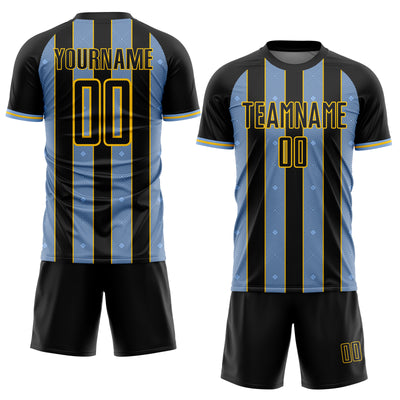 Custom Black Light Blue-Yellow Pinstripe Line Sports Sublimation Soccer Uniform Jersey