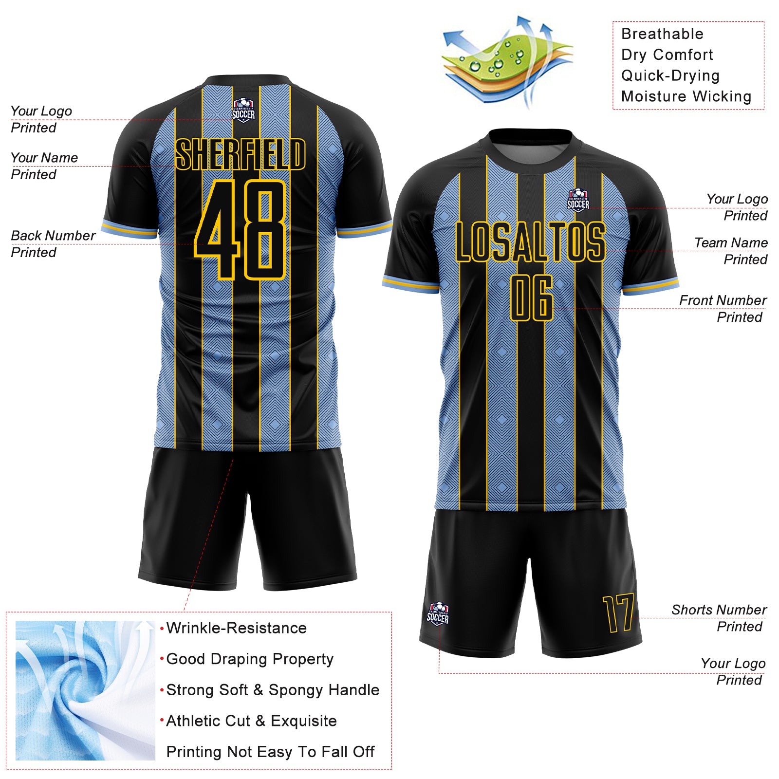 Custom Black Light Blue-Yellow Pinstripe Line Sports Sublimation Soccer Uniform Jersey