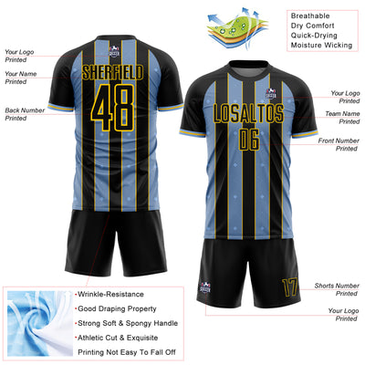 Custom Black Light Blue-Yellow Pinstripe Line Sports Sublimation Soccer Uniform Jersey