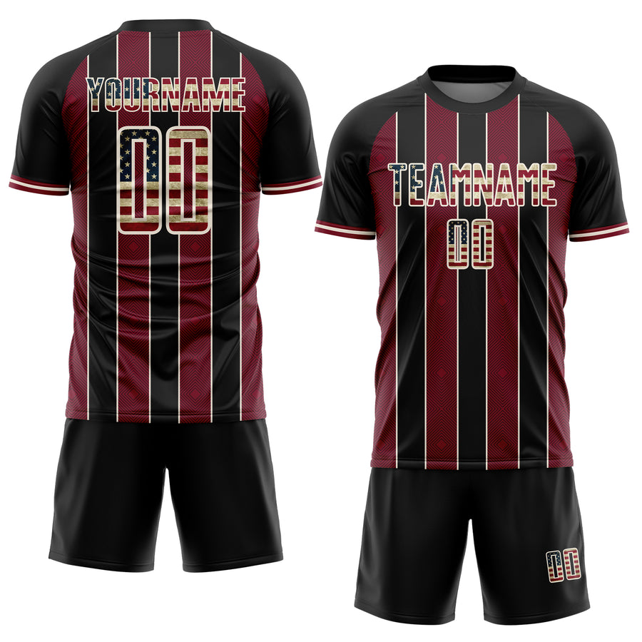 Custom Black Vintage USA Flag Crimson-Cream Pinstripe Line Sports Sublimation Soccer Uniform Jersey