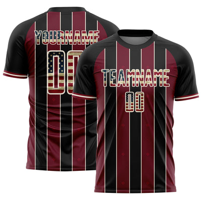 Custom Black Vintage USA Flag Crimson-Cream Pinstripe Line Sports Sublimation Soccer Uniform Jersey