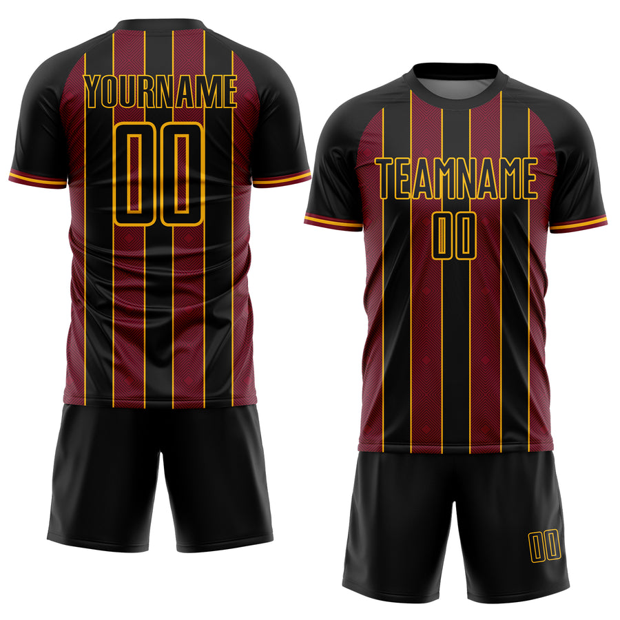 Custom Black Crimson-Gold Pinstripe Line Sports Sublimation Soccer Uniform Jersey