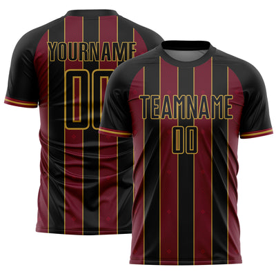 Custom Black Crimson-Old Gold Pinstripe Line Sports Sublimation Soccer Uniform Jersey