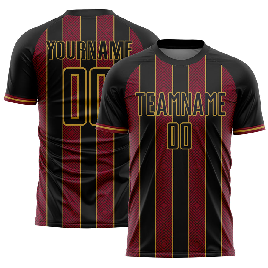 Custom Black Crimson-Old Gold Pinstripe Line Sports Sublimation Soccer Uniform Jersey