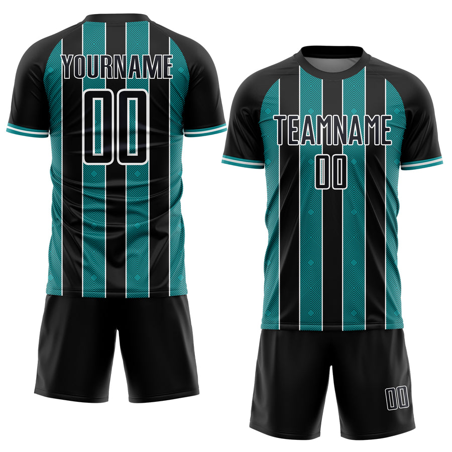 Custom Black Teal-White Pinstripe Line Sports Sublimation Soccer Uniform Jersey