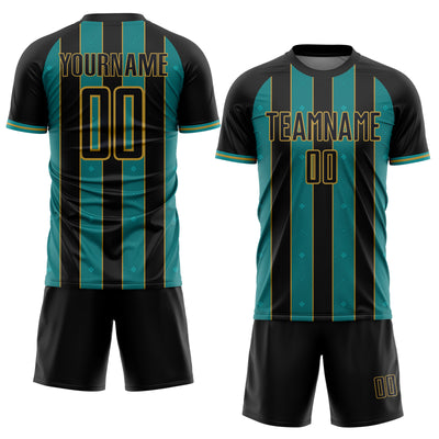 Custom Black Teal-Old Gold Pinstripe Line Sports Sublimation Soccer Uniform Jersey