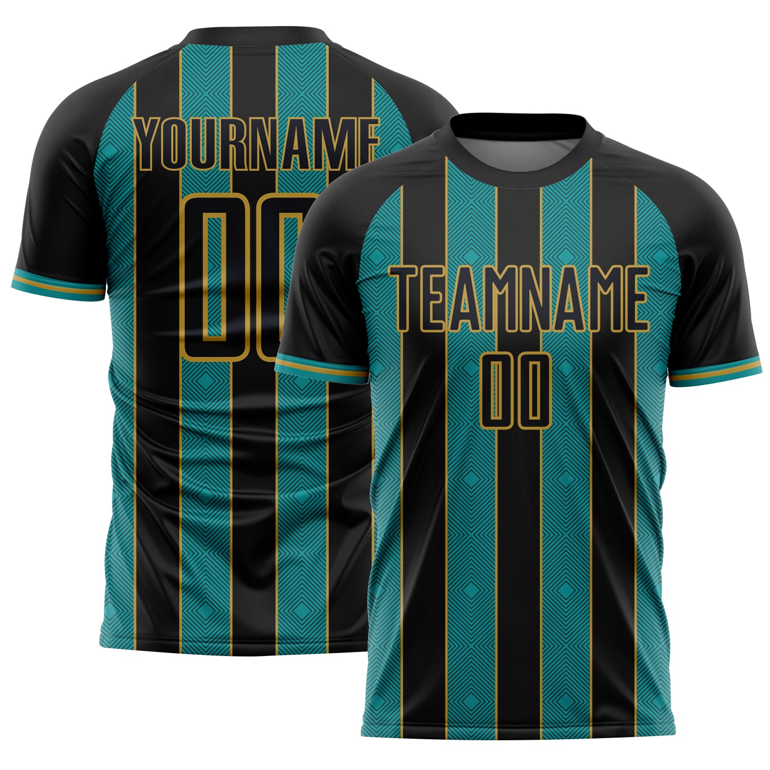 Custom Black Teal-Old Gold Pinstripe Line Sports Sublimation Soccer Uniform Jersey