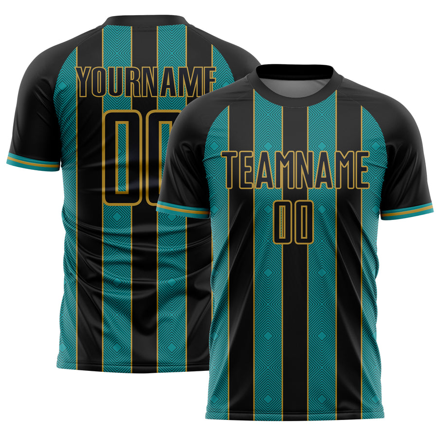 Custom Black Teal-Old Gold Pinstripe Line Sports Sublimation Soccer Uniform Jersey