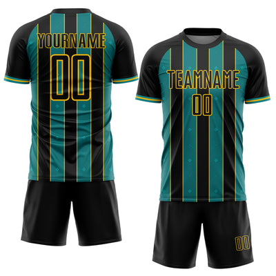 Custom Black Teal-Yellow Pinstripe Line Sports Sublimation Soccer Uniform Jersey