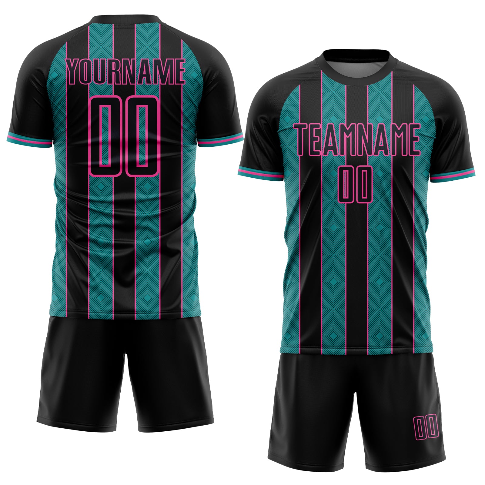 Custom Black Teal-Pink Pinstripe Line Sports Sublimation Soccer Uniform Jersey