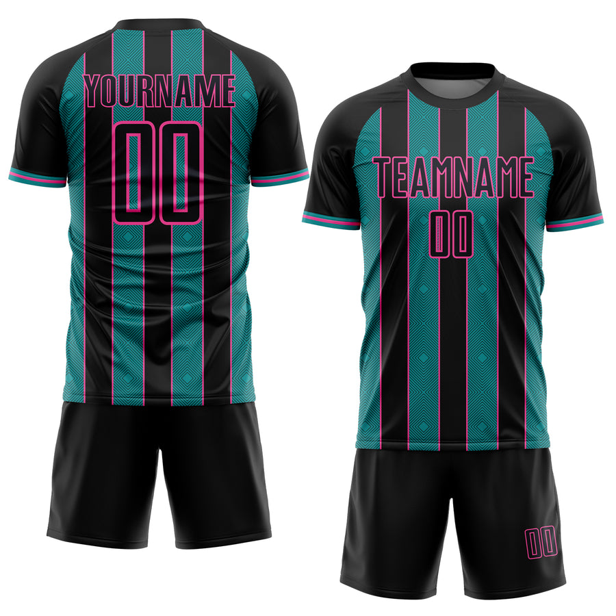 Custom Black Teal-Pink Pinstripe Line Sports Sublimation Soccer Uniform Jersey