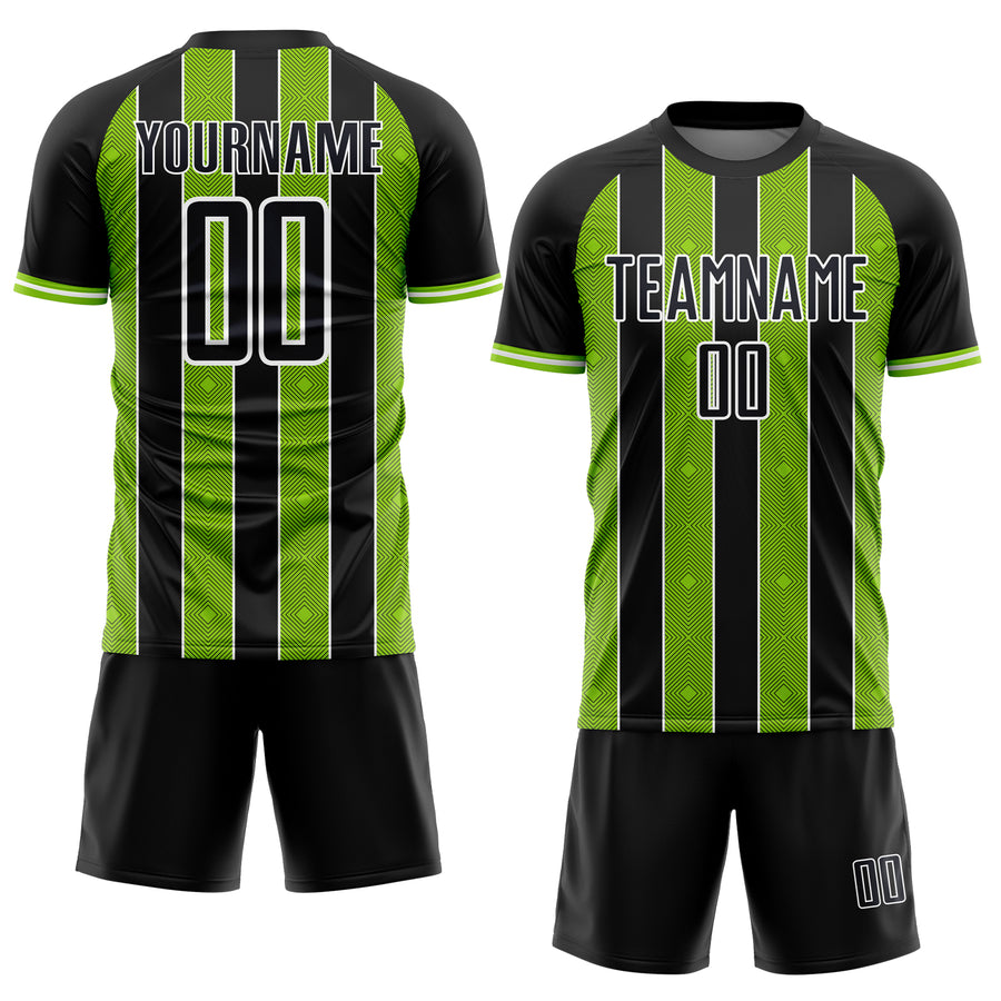 Custom Black Neon Green-White Pinstripe Line Sports Sublimation Soccer Uniform Jersey