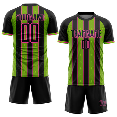 Custom Black Neon Green-Pink Pinstripe Line Sports Sublimation Soccer Uniform Jersey
