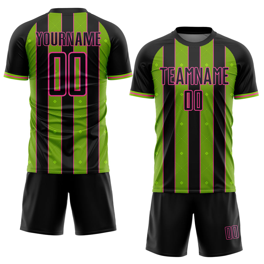 Custom Black Neon Green-Pink Pinstripe Line Sports Sublimation Soccer Uniform Jersey