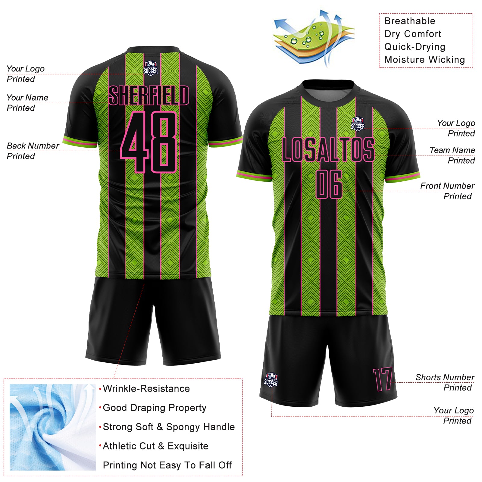 Custom Black Neon Green-Pink Pinstripe Line Sports Sublimation Soccer Uniform Jersey